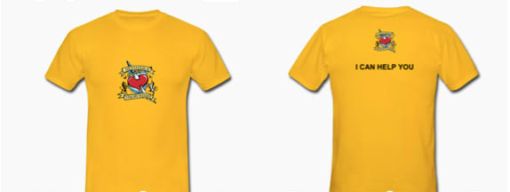 Images showing the front and back of a bright yellow t-shirt with the D&D logo, and the text I can help you printed on it