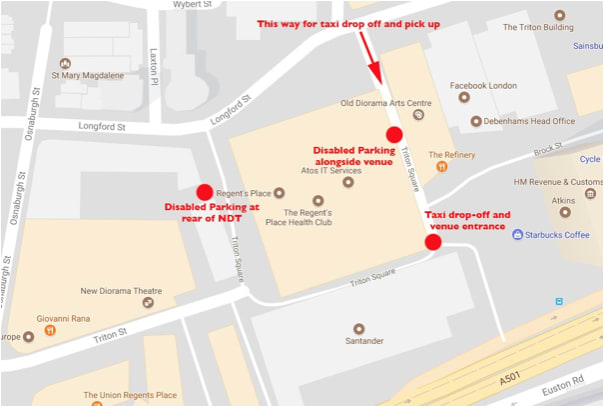 A map showing taxi and disabled parking access routes for ND2